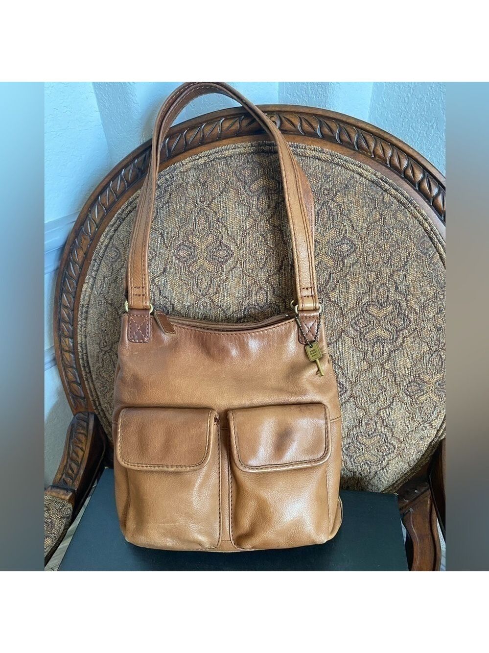 Vintage FOSSIL 1954 honey brown pebbled leather satchel shoulder bag 75082 & key
